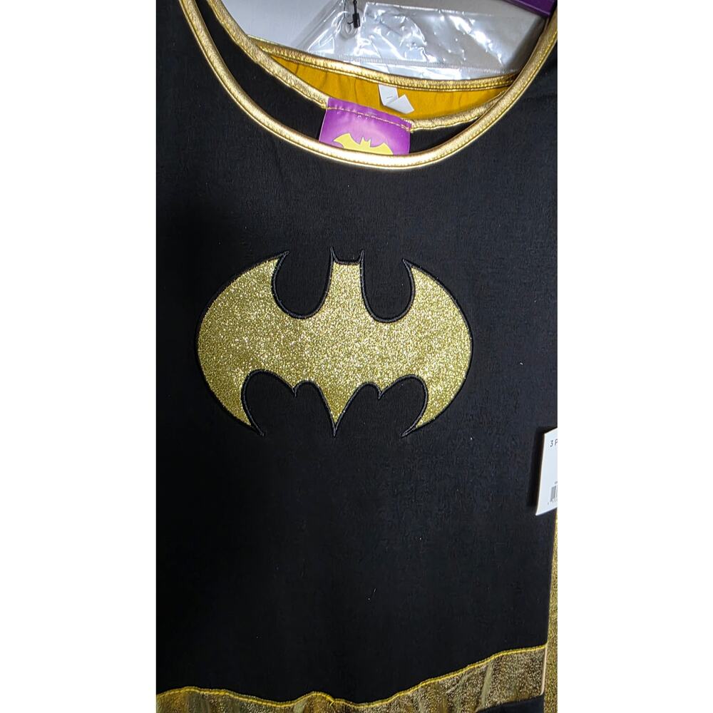 DC Batgirl Costume Women's Large 12-14 Black Gold Dress Cape Mask 3 Pc - Picture 8 of 12